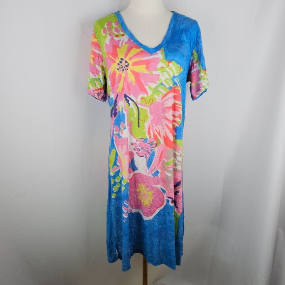David Cline Power Floral Midi Dress XL Crinkle Blue Colorful Beachy Tropical - Picture 5 of 11